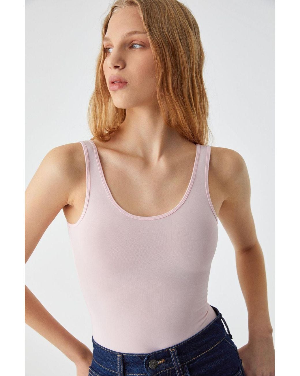 Grimelange White Slim Fit U-Neck Snap Tank Top