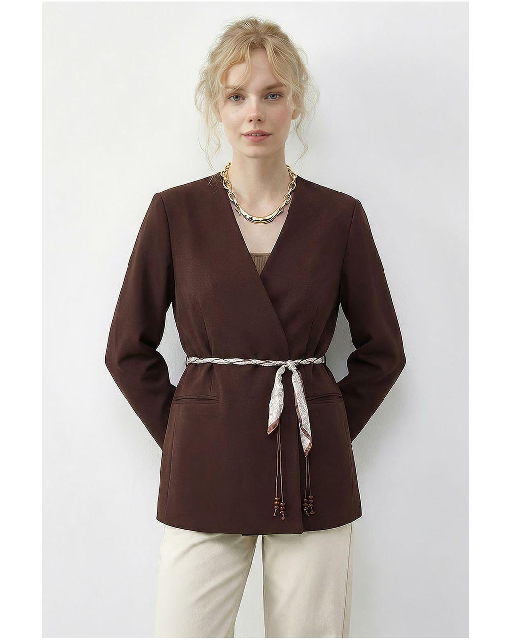Bianco Lucci Multicolor V-Neck Belted Blazer Jacket