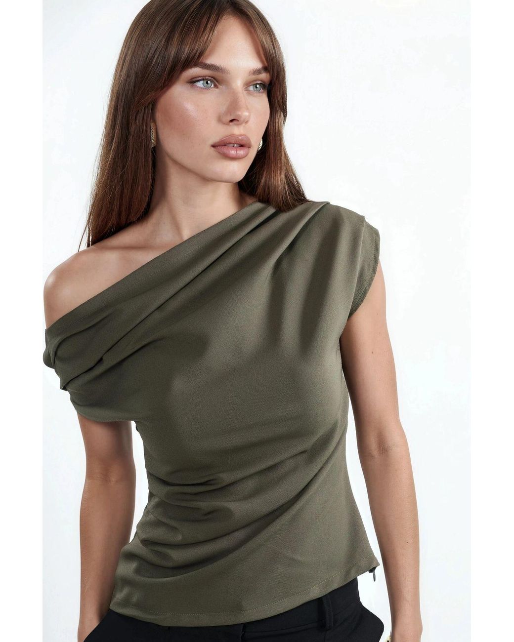 Hiccup Green One Shoulder Pleated Detail Top