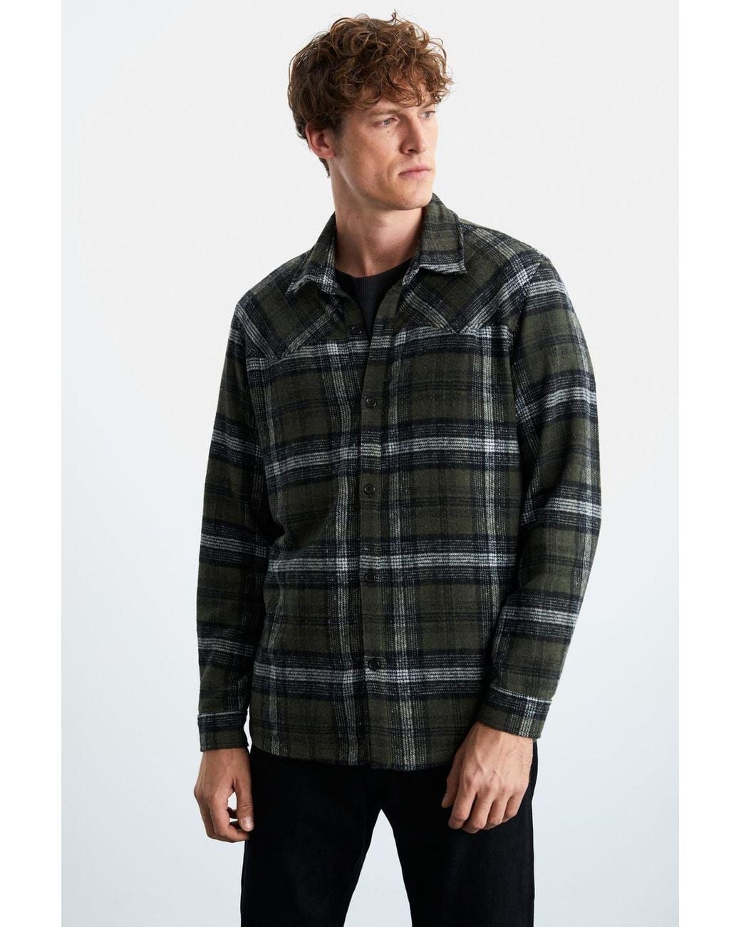 Grimelange Black Relaxed Plaid Long Sleeve Shirt for men