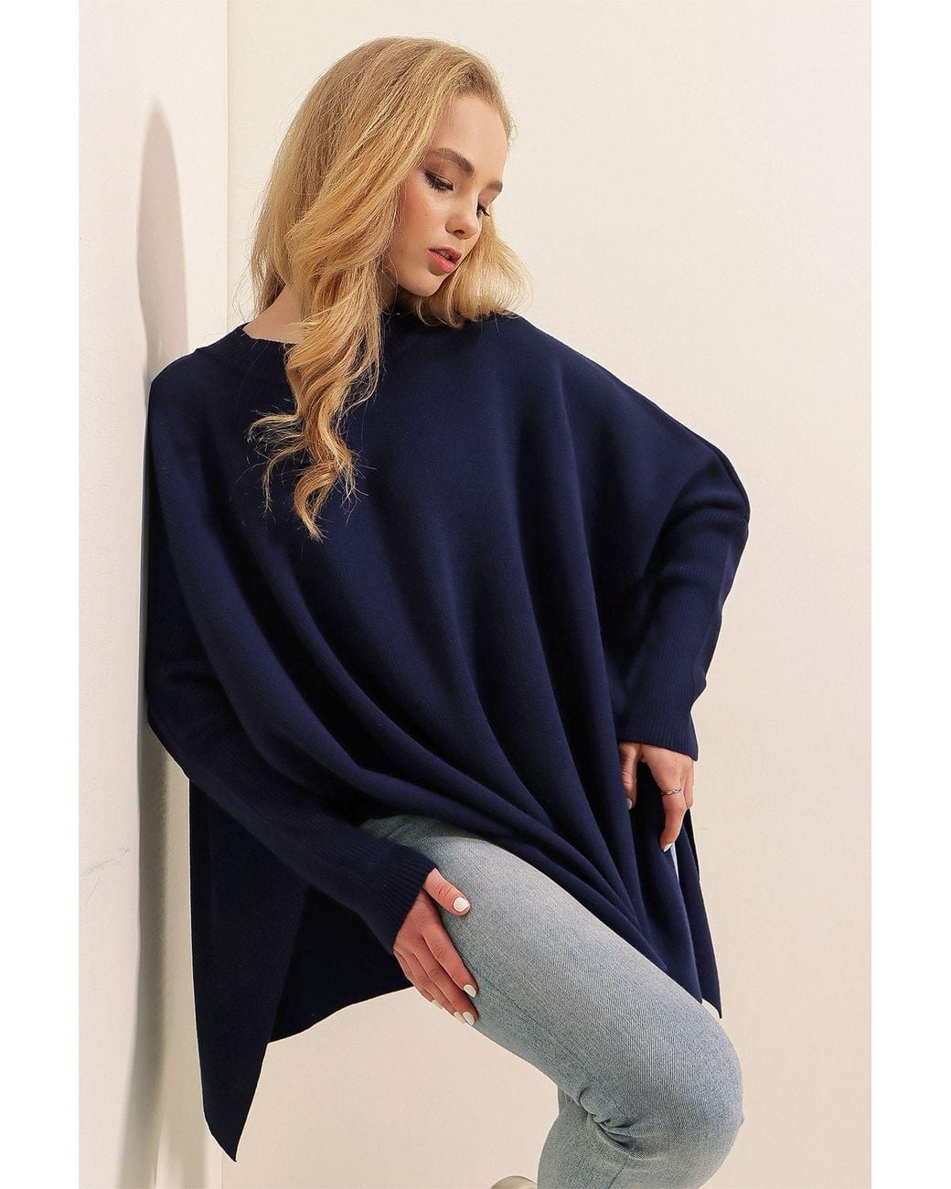 Bigdart Blue Slit Detailed Half Turtleneck Loose Sweater