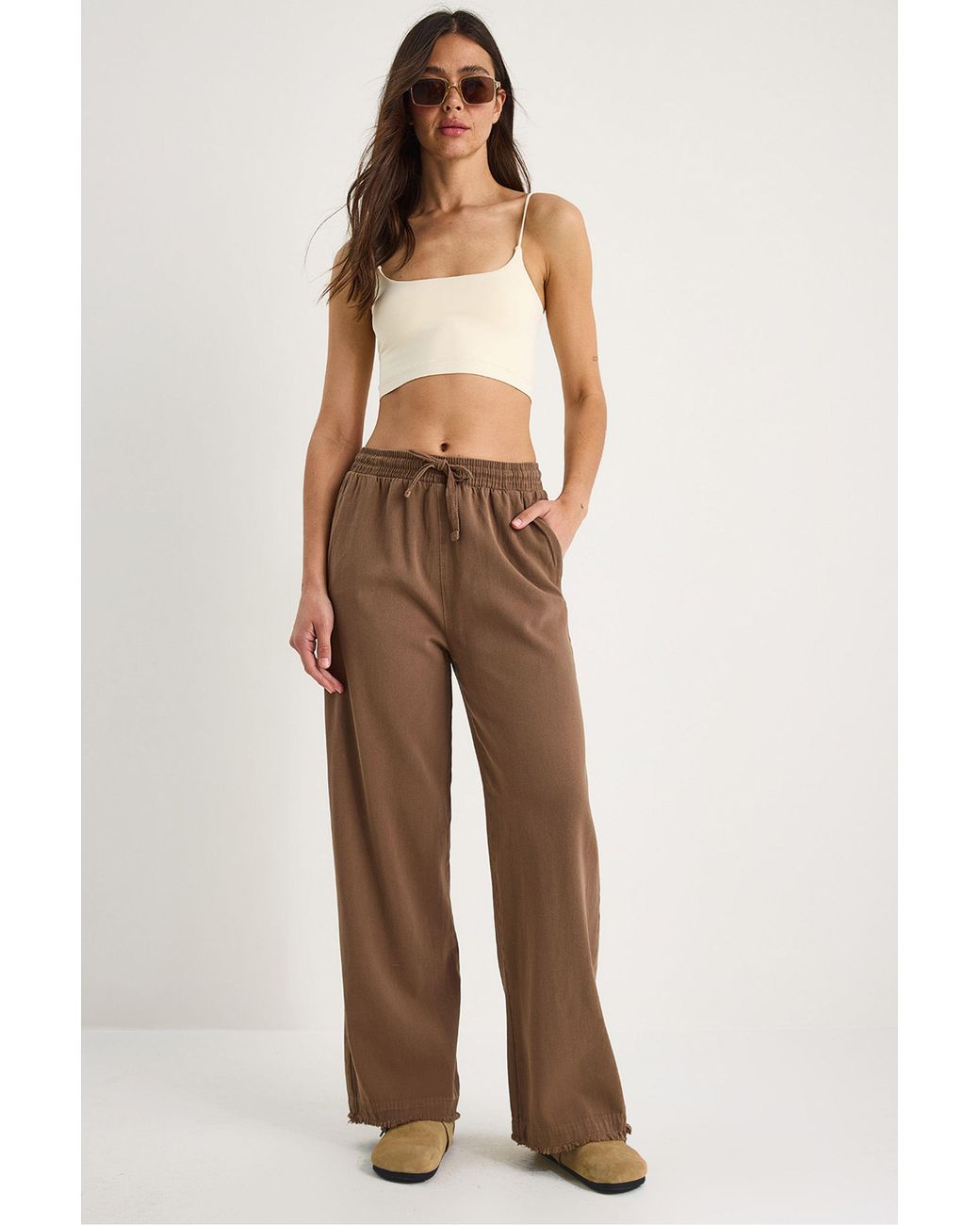 Bianco Lucci Brown Elastic Waist Straight Leg Pants