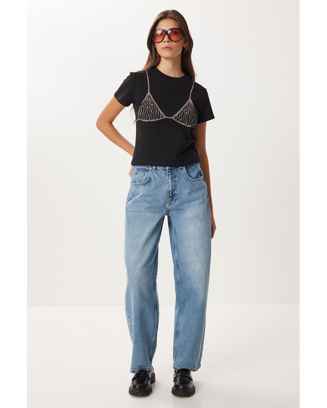Happiness İstanbul Blue High Waist Balloon Fit Jeans With Boot Cuff