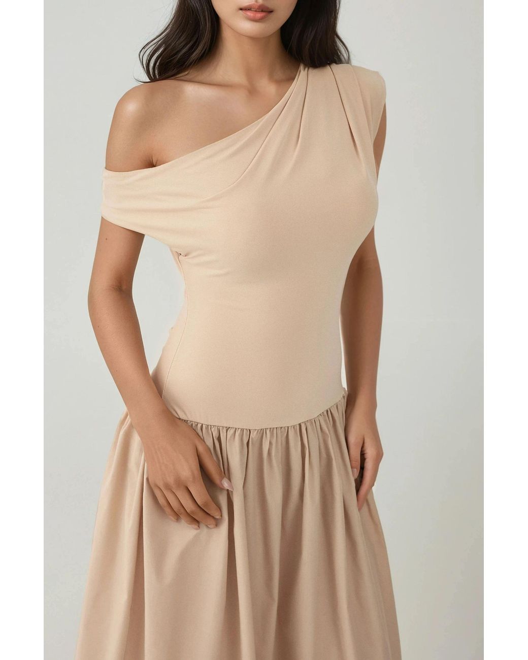 Hiccup Natural Asymmetrical Collar Fitted Maxi Dress
