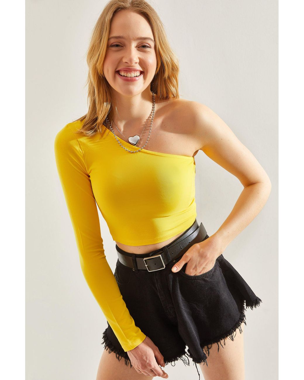 Bianco Lucci Yellow Asymmetrical Collar Crop Blouse