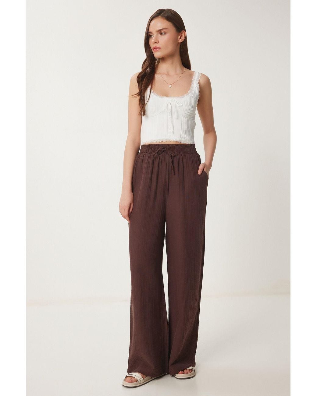 Happiness İstanbul Brown Wide Leg Drawstring Waist Pants With Binding Detail