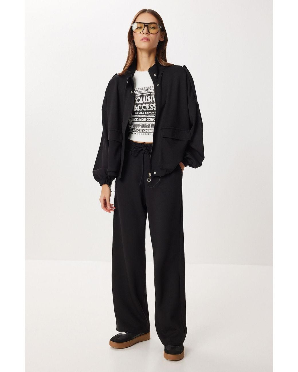 Happiness İstanbul Black Pocket Detail Jacket & Wide Leg Pants Two-Piece Set
