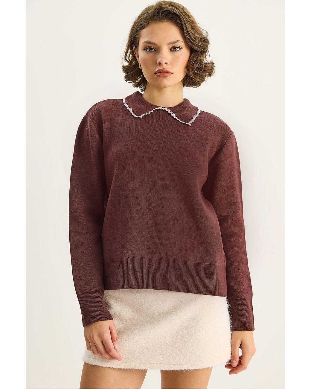 Bianco Lucci Red Knit Sweater With Shirt Collar