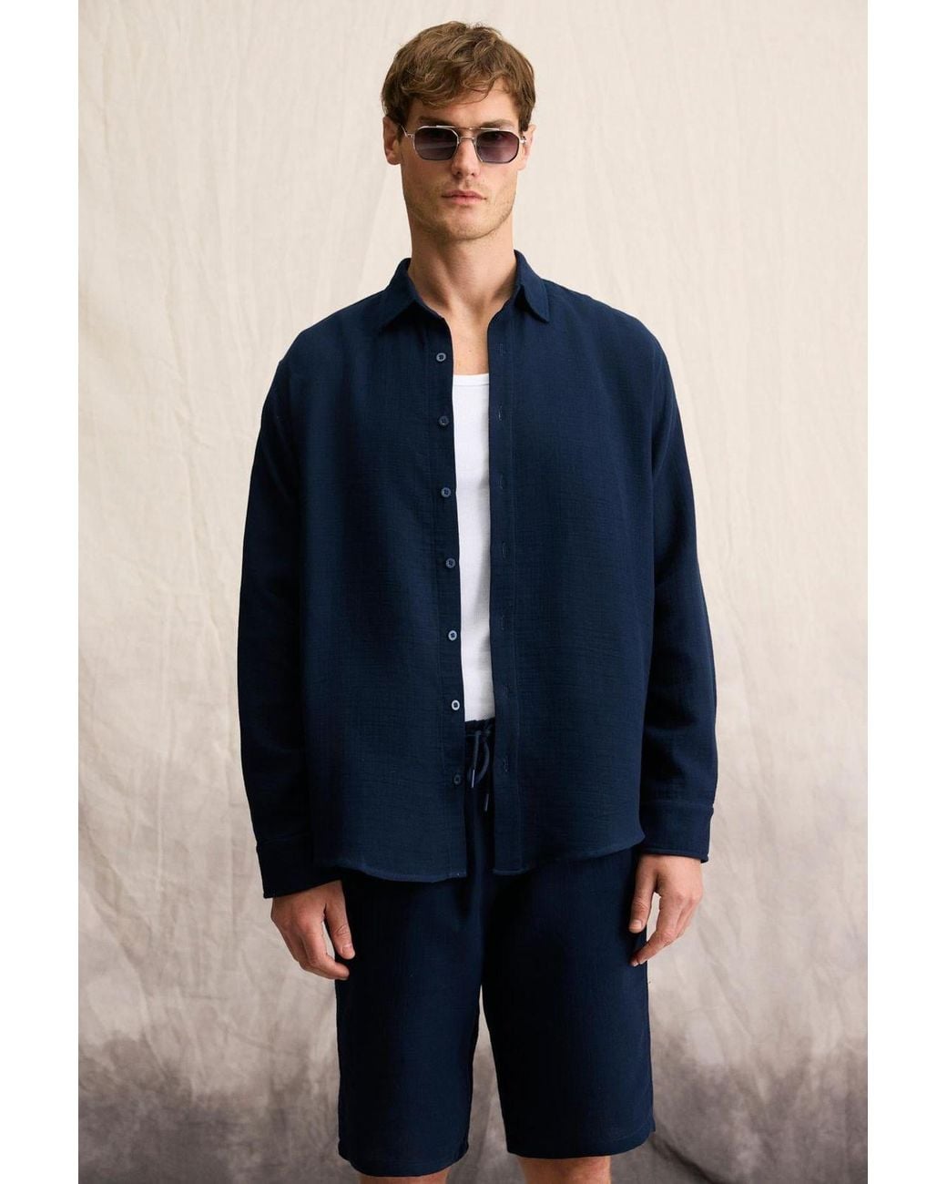 Grimelange Blue Long Sleeve Button Shirt for men