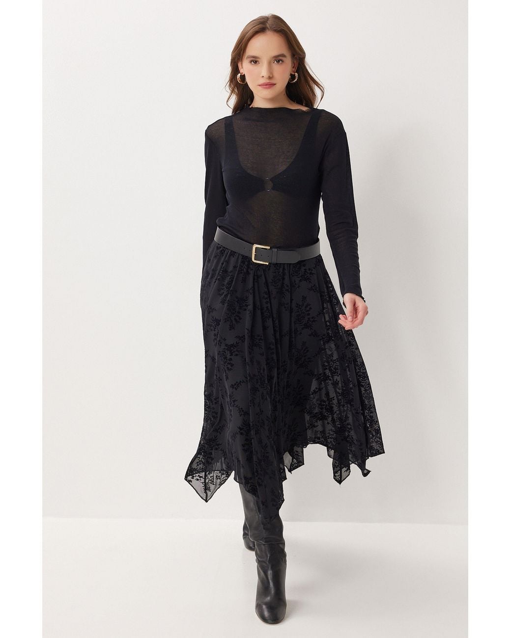 Happiness İstanbul Blue High Waist Floral Midi A-Line Skirt