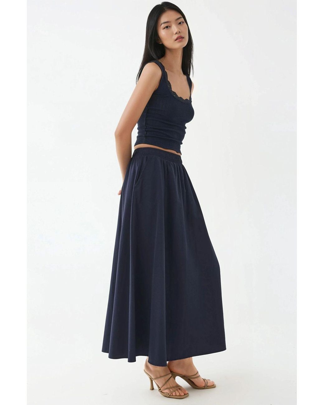 Busem Blue Elastic Waist Midi Skirt With Pockets
