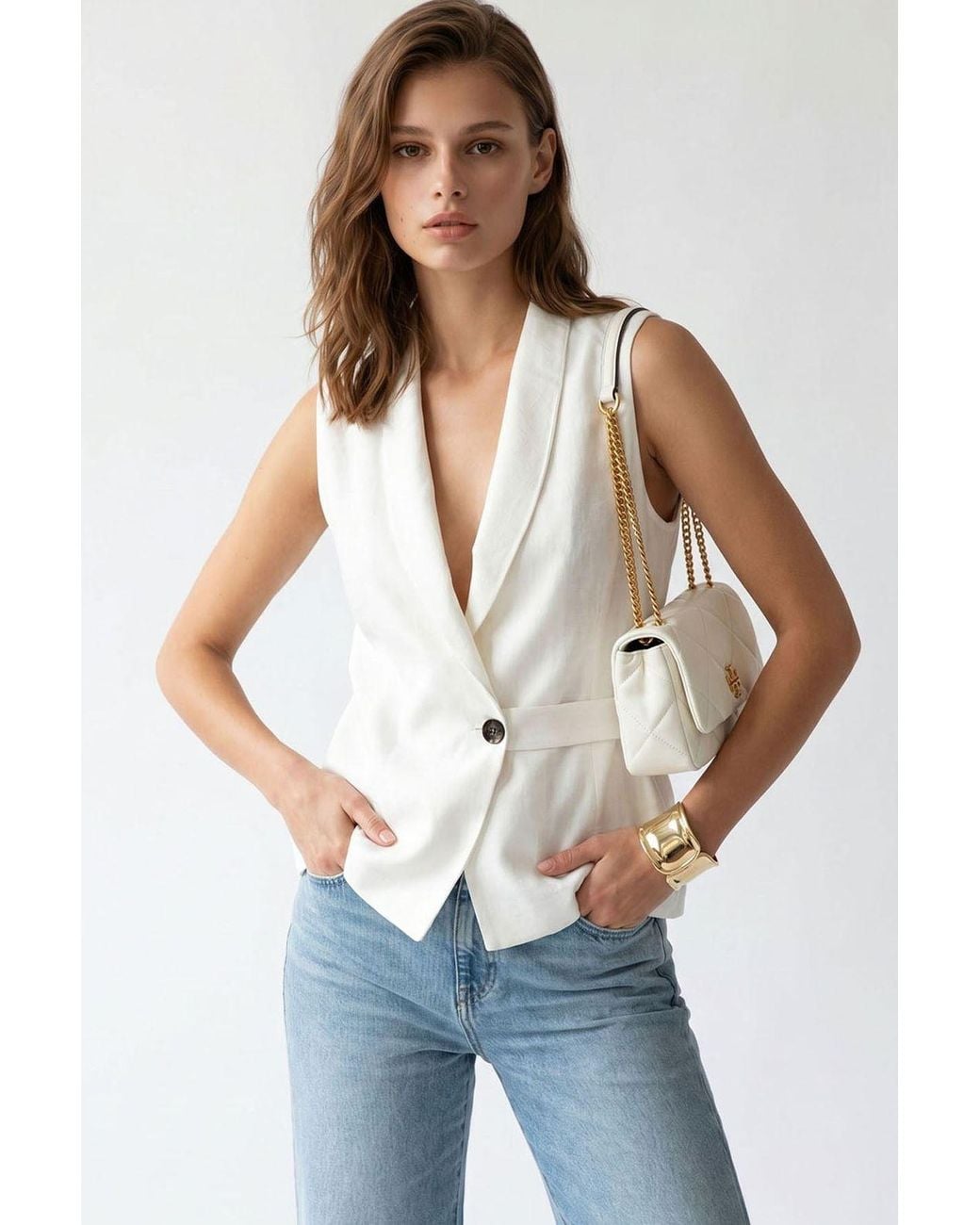 MixRay White Belted Cotton-Linen Waistcoat