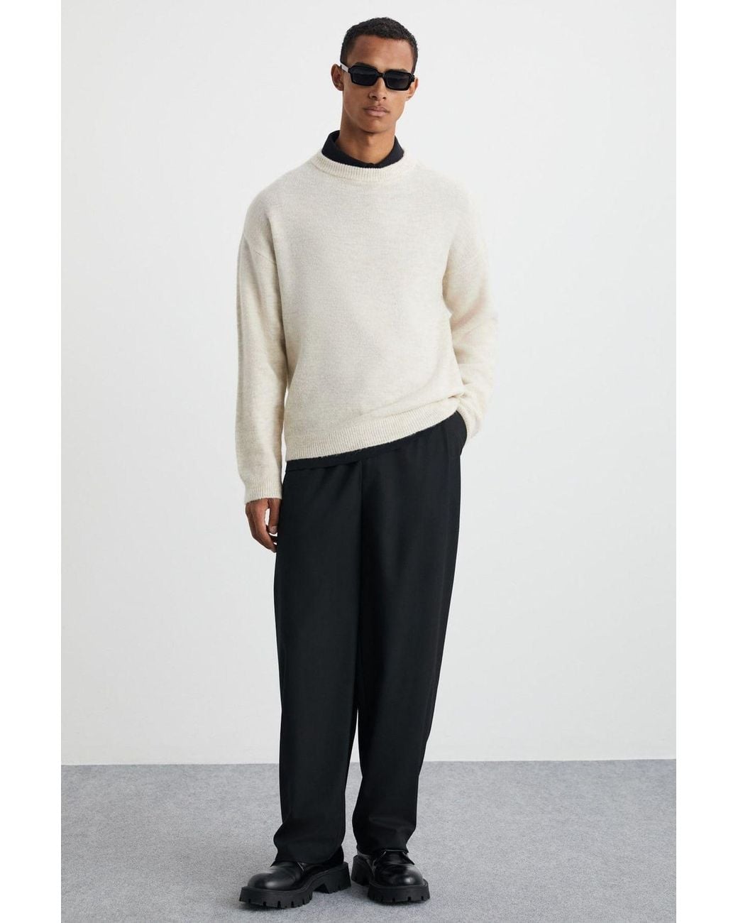 Grimelange White Ribbed Crew Neck Jumper for men