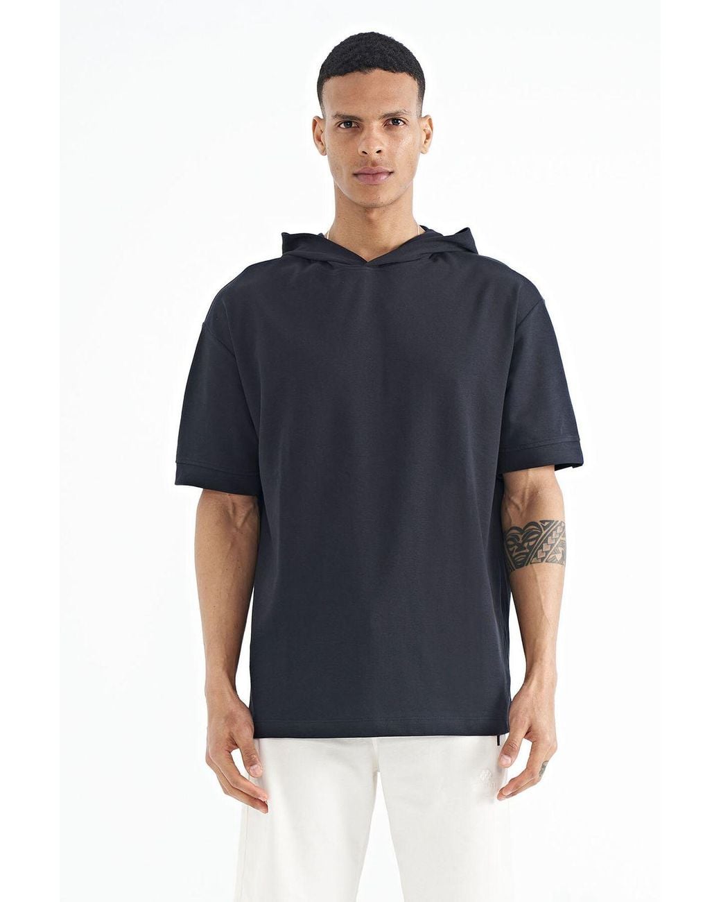 TOMMY LIFE Blue Oversized Hooded Short-Sleeve T-Shirt for men
