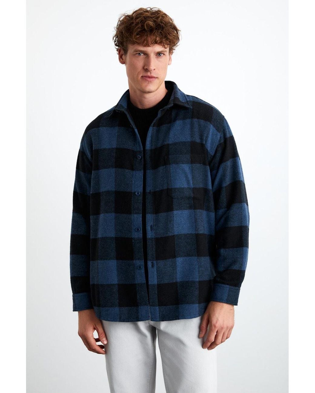 Grimelange Blue Relaxed Plaid Button Shirt for men