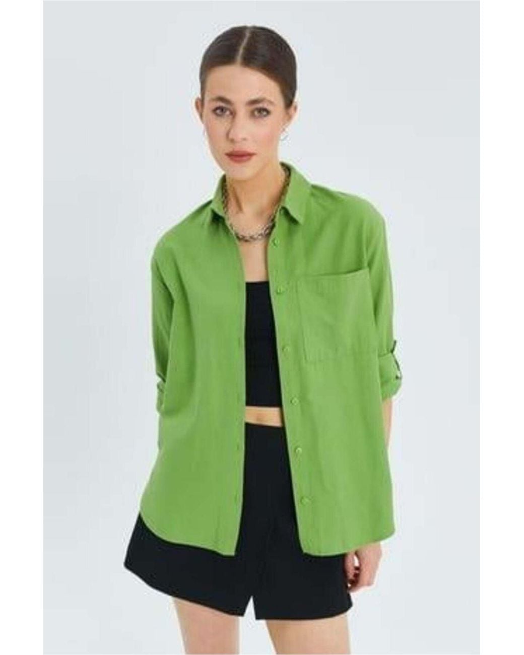 MixRay Green Long Sleeve Button-Up Shirt With Pocket
