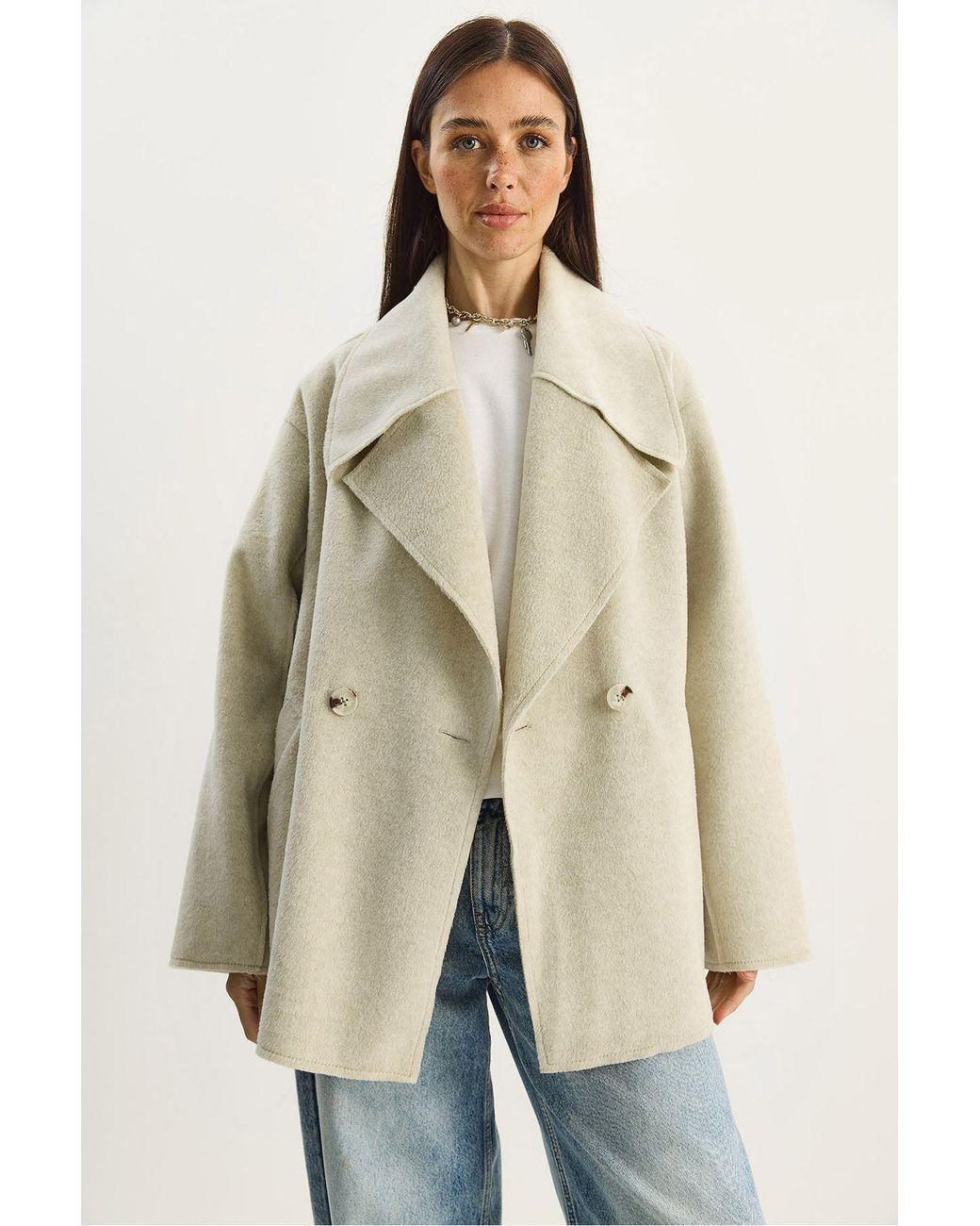 Bianco Lucci Natural Oversized Buttoned Felt Jacket With Wide Collar