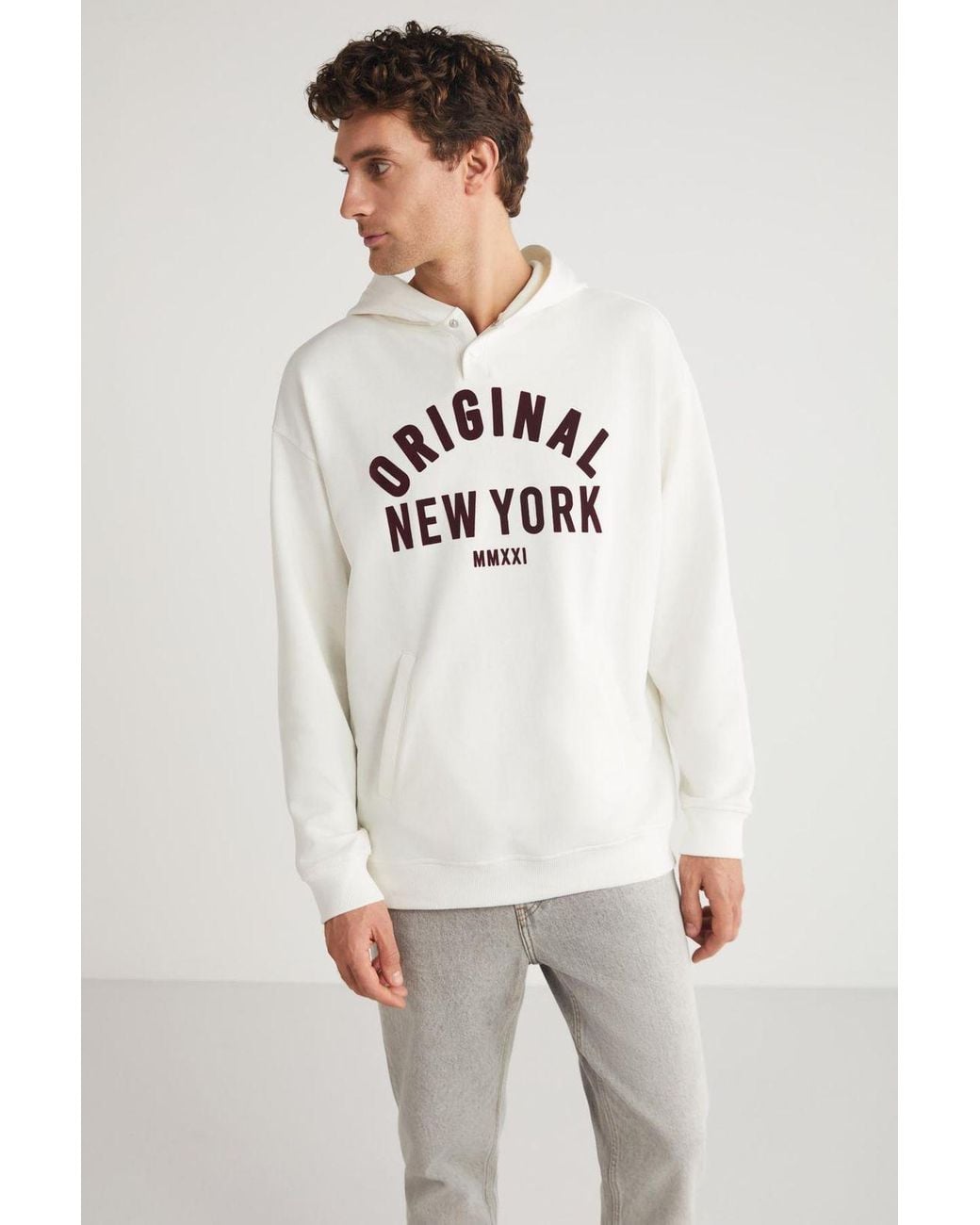 Grimelange White Hooded Printed Pocket Sweatshirt for men