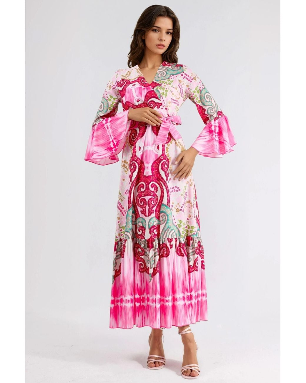 Msn-Collection Pink Frilly Paisley V-Neck Maxi Dress