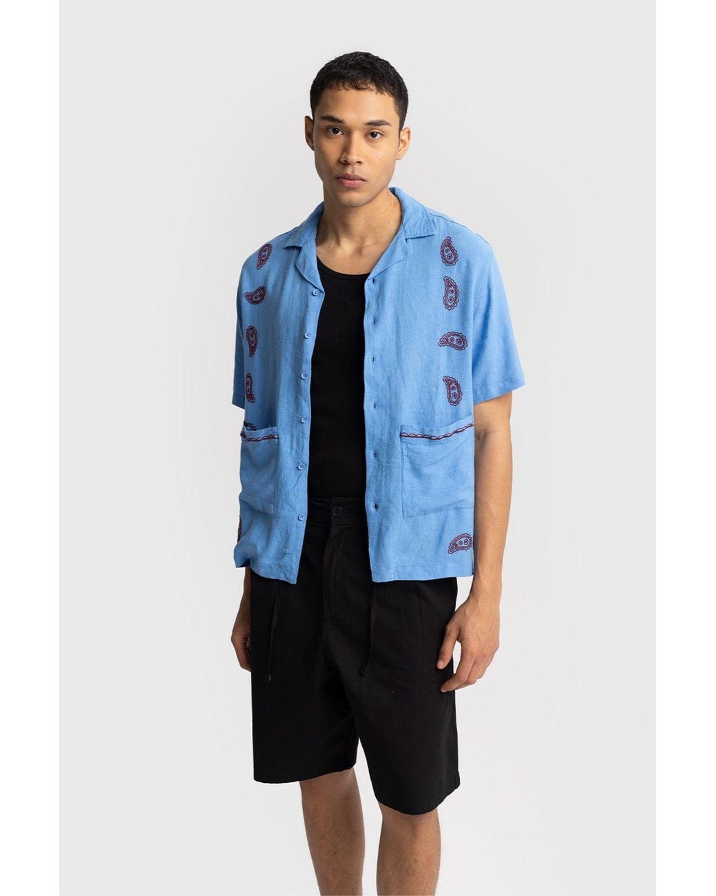 Giesto Blue Cotton Embroidered Poplin Short Sleeve Shirt for men
