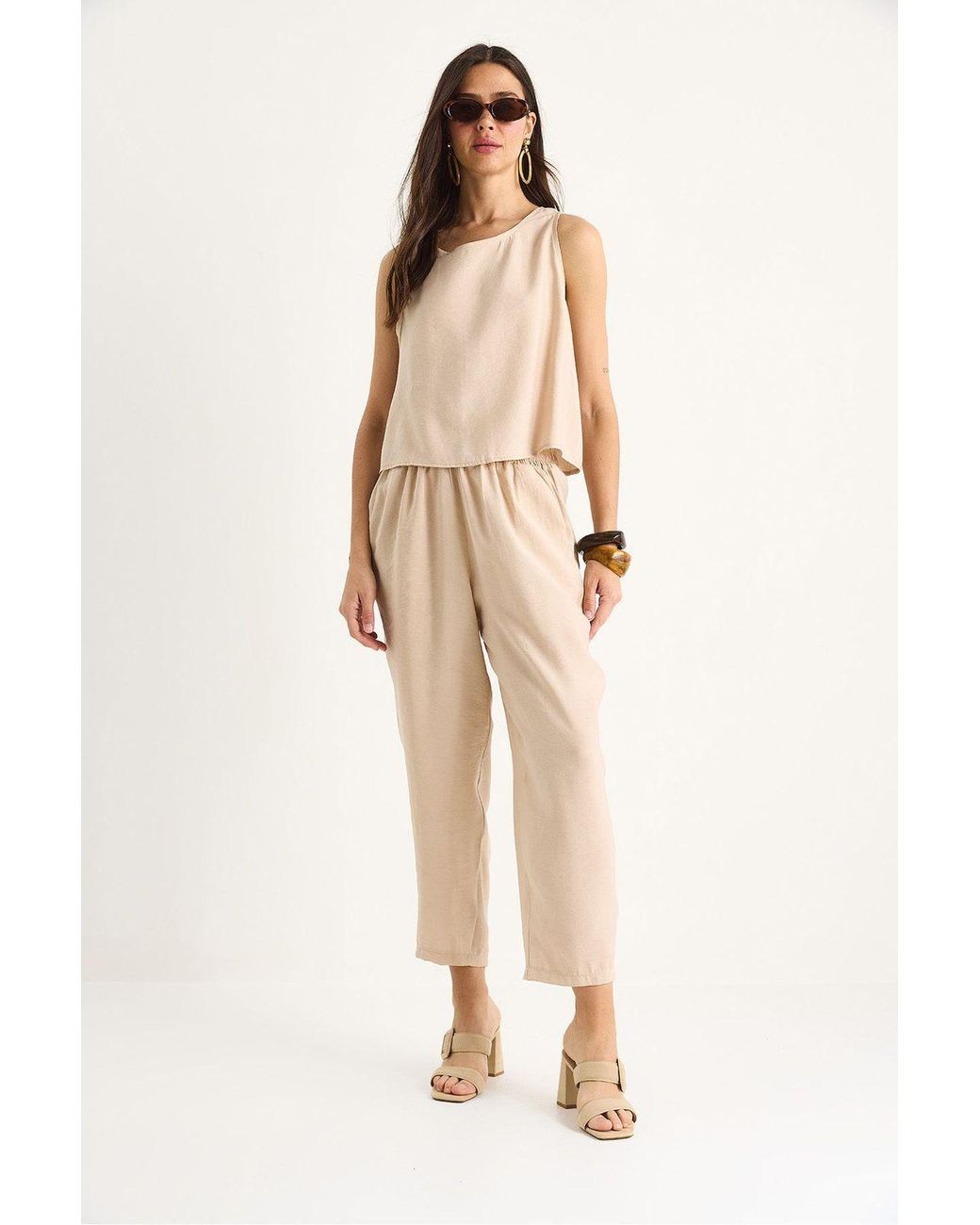 Bianco Lucci Natural Sleeveless Crew Neck Blouse And Carrof Fıt Pants Set