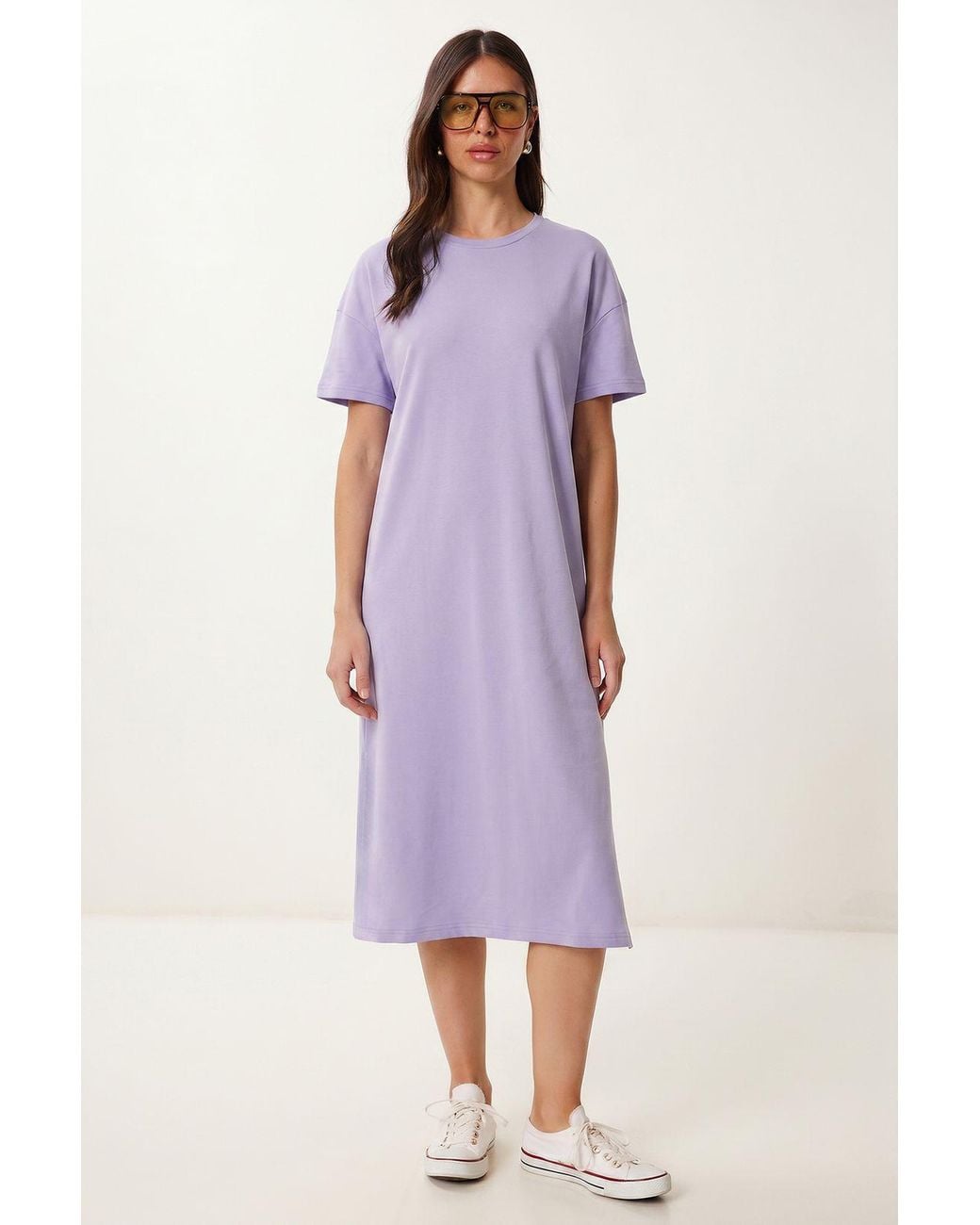 Happiness İstanbul Purple Cotton Crew Neck Midi T-Shirt Dress