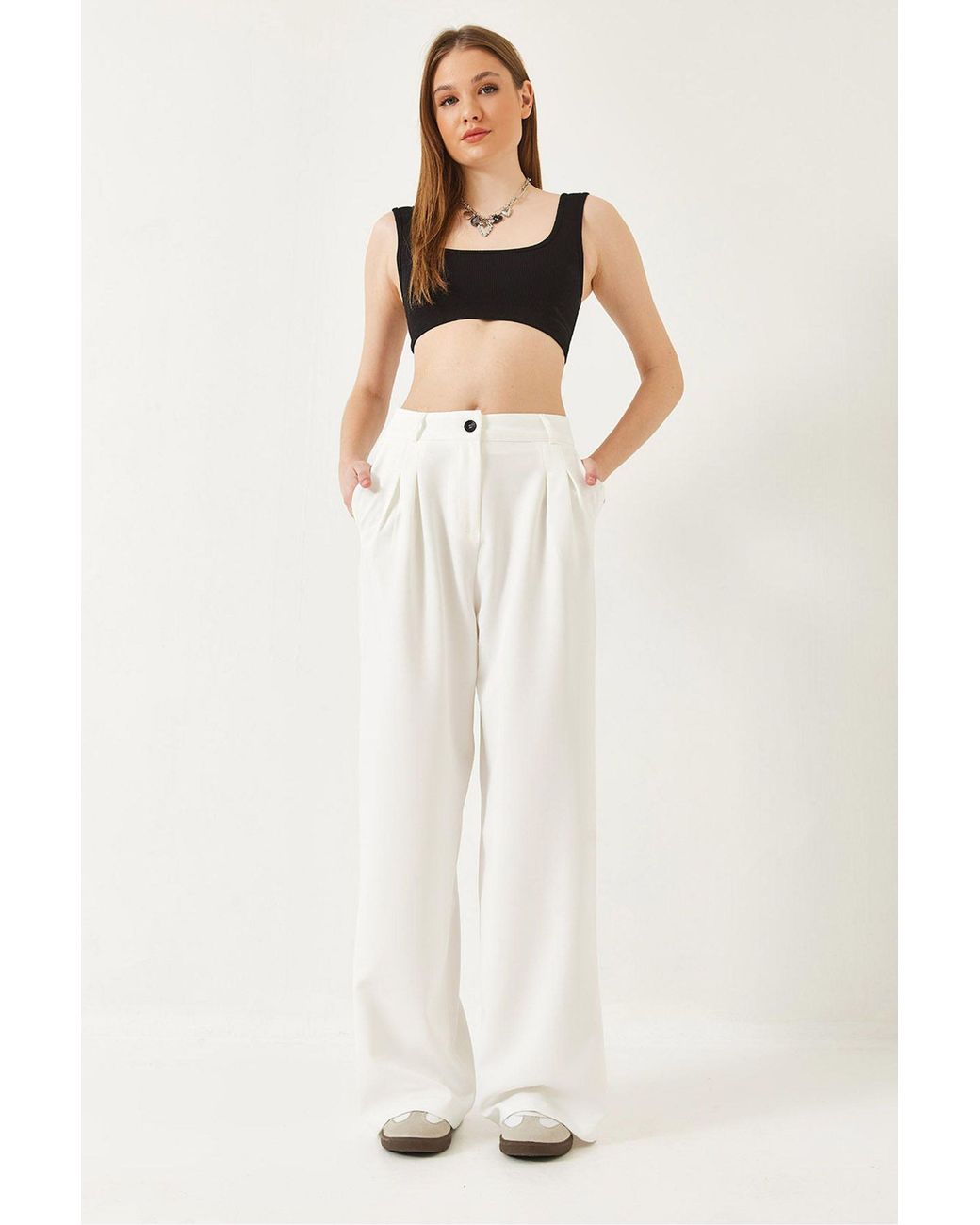 Bianco Lucci White Wide Leg Pleated Pants