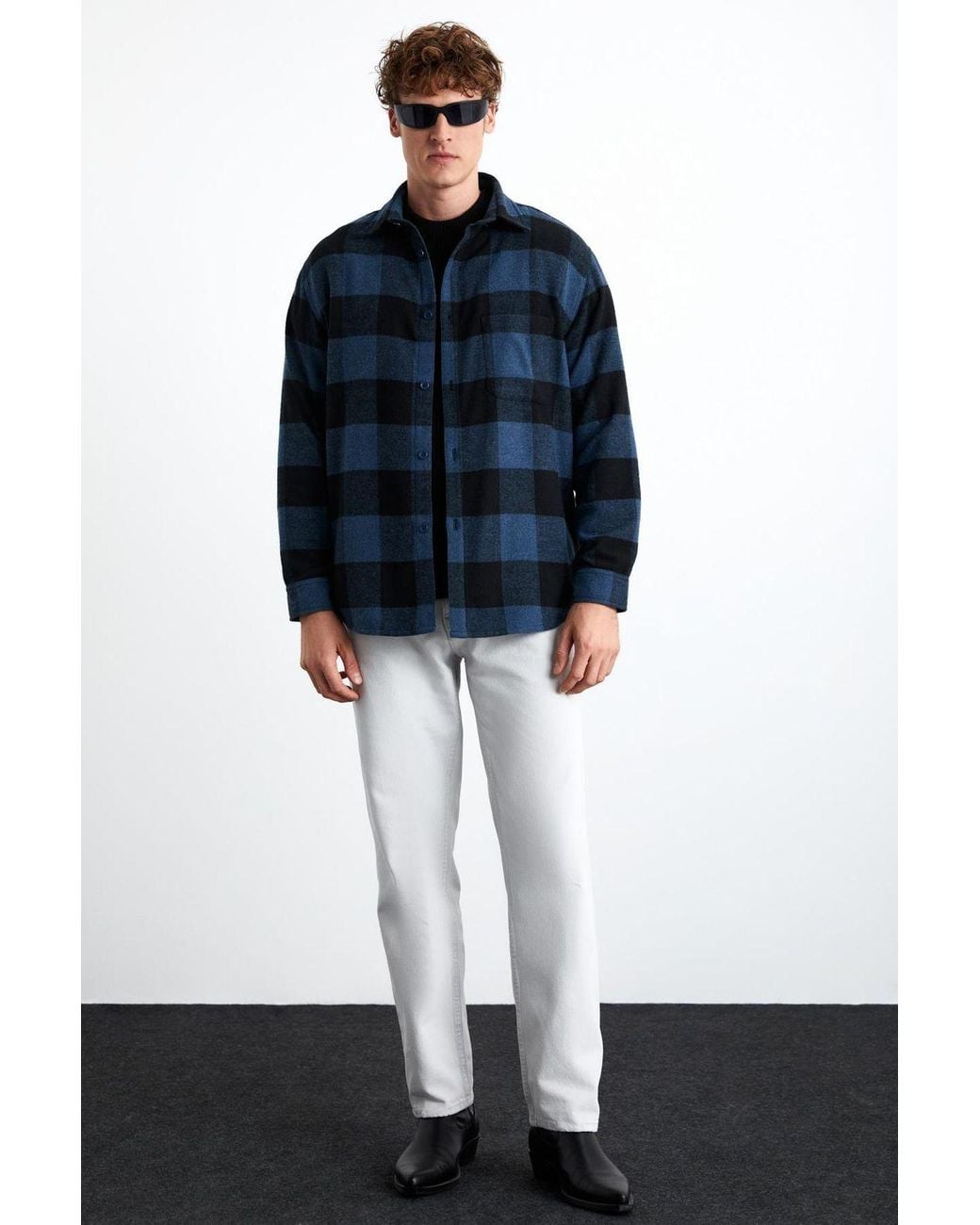Grimelange Blue Relaxed Plaid Button Shirt for men