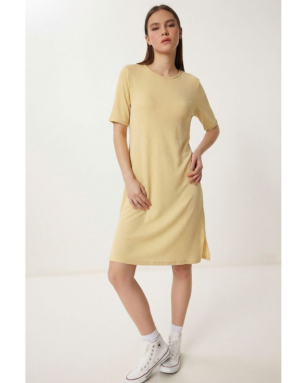 Happiness İstanbul Natural Crew Neck Mini Dress With Slit