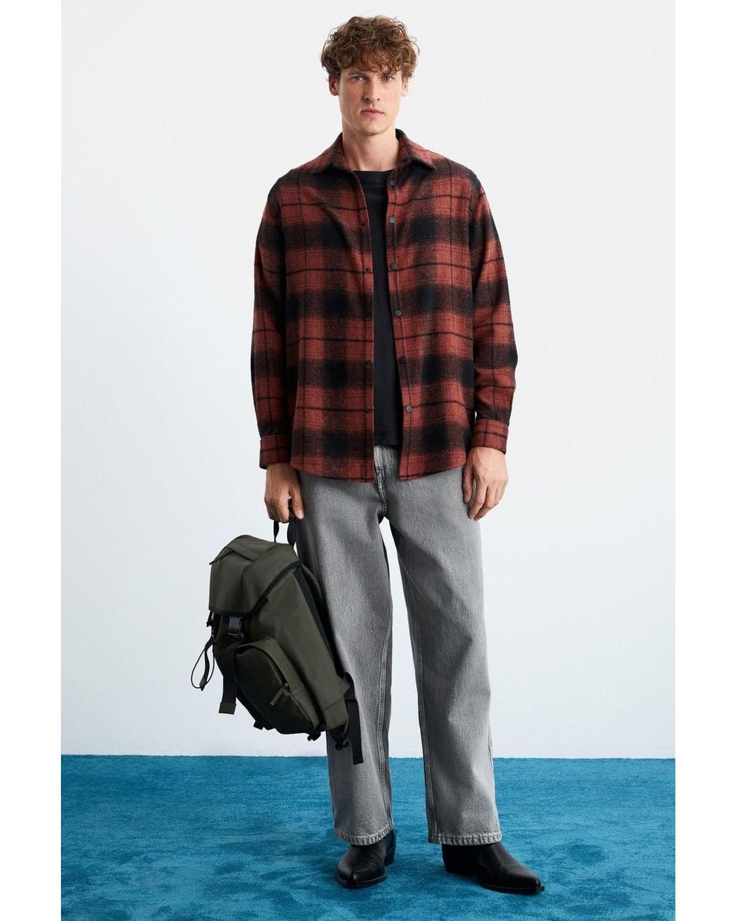 Grimelange Red Relaxed Plaid Button Shirt for men