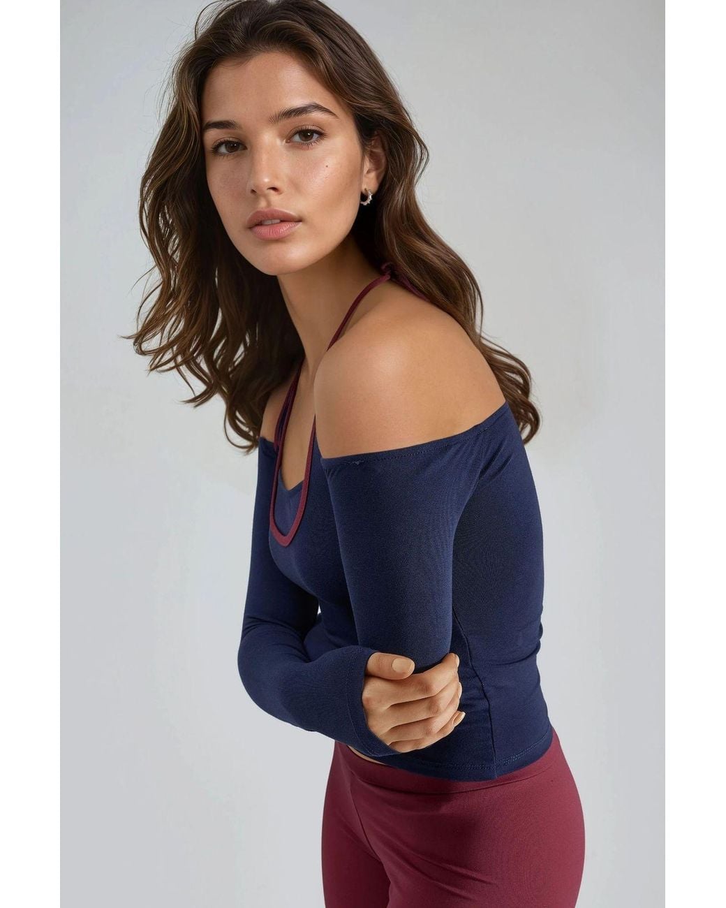 Busem Blue Slim Fit Knitted Blouse With U Collar And Contrast Binding