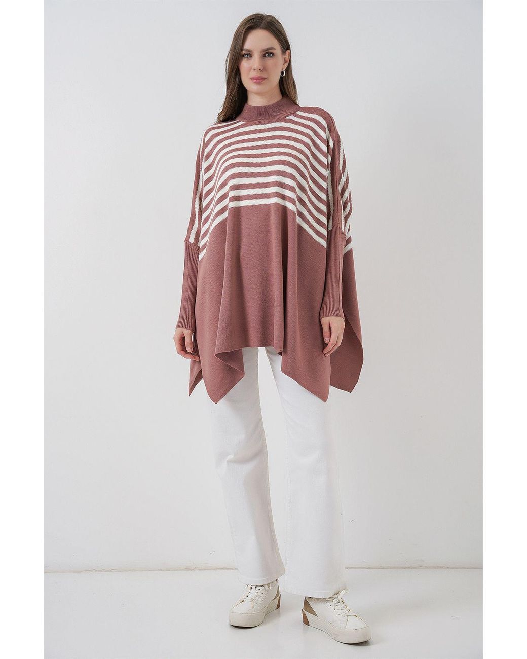 Bigdart Multicolor Slit Detailed Half Turtleneck Loose Sweater