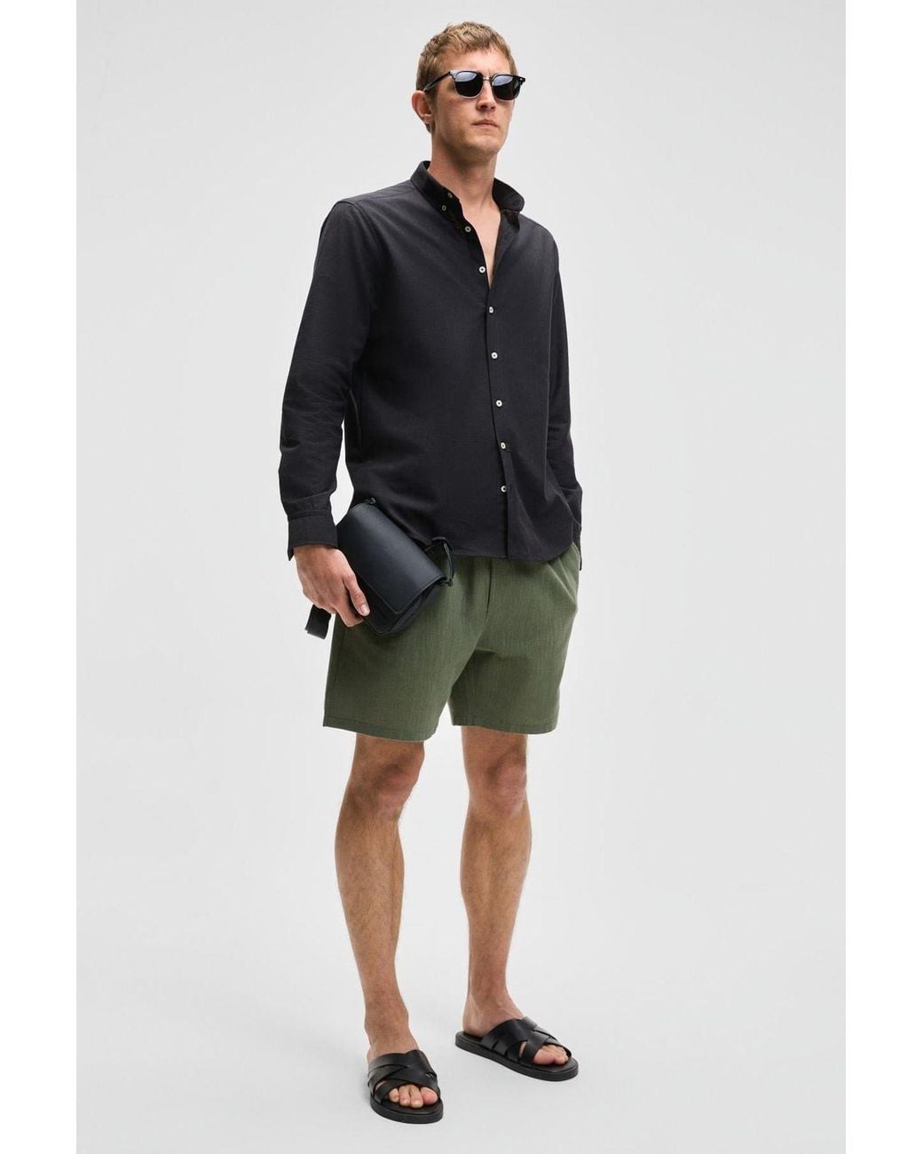 Grimelange Black Slim Fit Button Collar Shirt for men