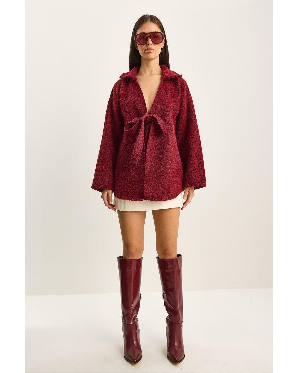 Bianco Lucci Textured Oversized V-Neck Tie Closure Cardigan