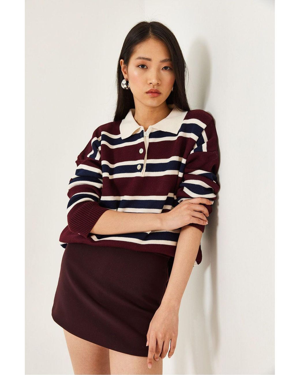 Bianco Lucci Red Striped Polo Collar Knit Sweater