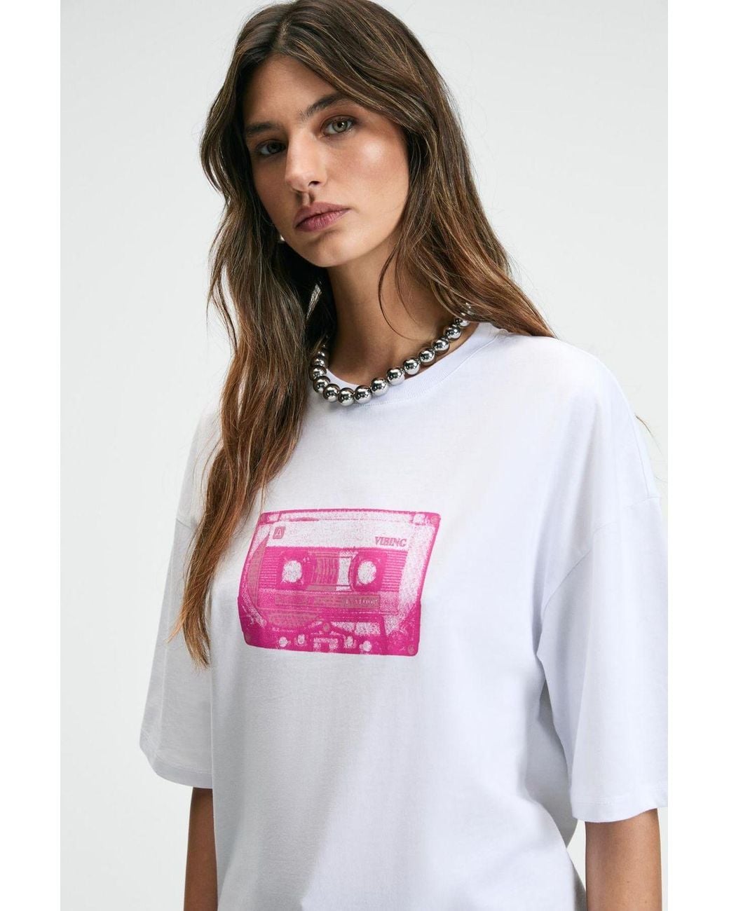 Grimelange White Printed Crew Neck T-Shirt