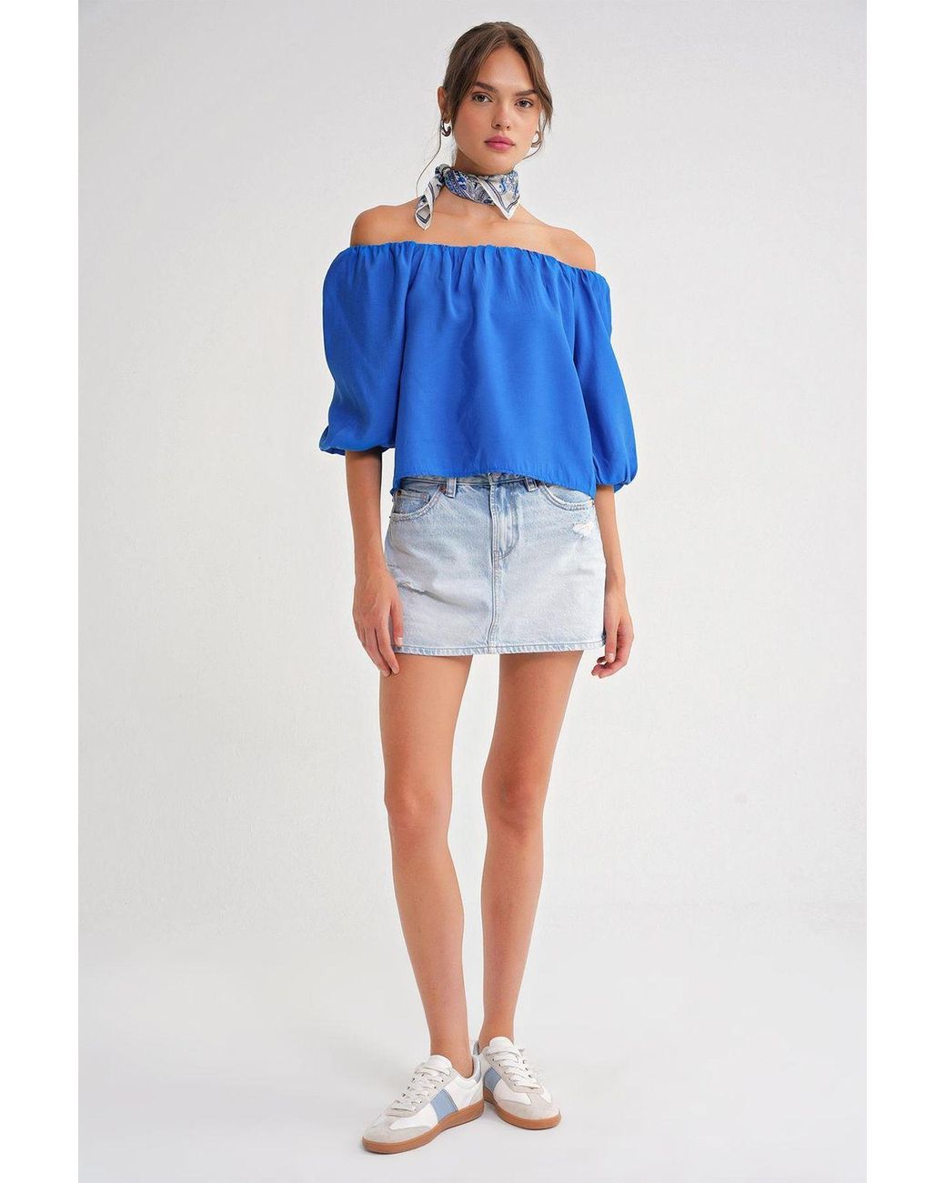 MixRay Blue Modal Blended Blouse With Madonna Collar And Ruffle Detail