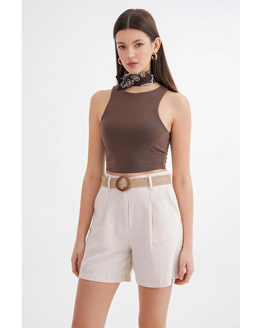 MixRay White High-Waisted Shorts With Belt Detail