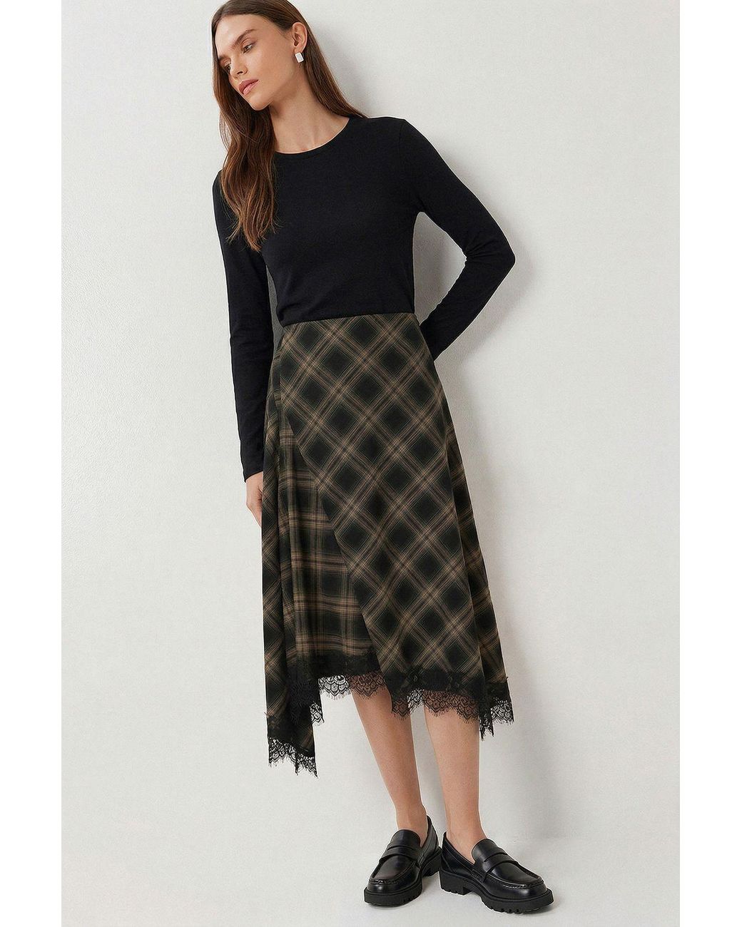 Happiness İstanbul Black High-Waist Plaid Midi A-Line Skirt