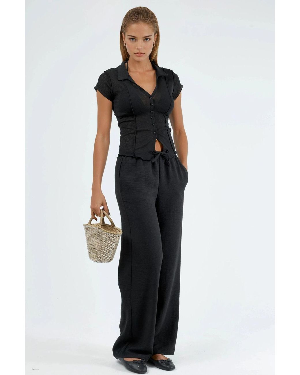 Busem Black Textured Woven Straight Leg Pants With Drawstring Waist