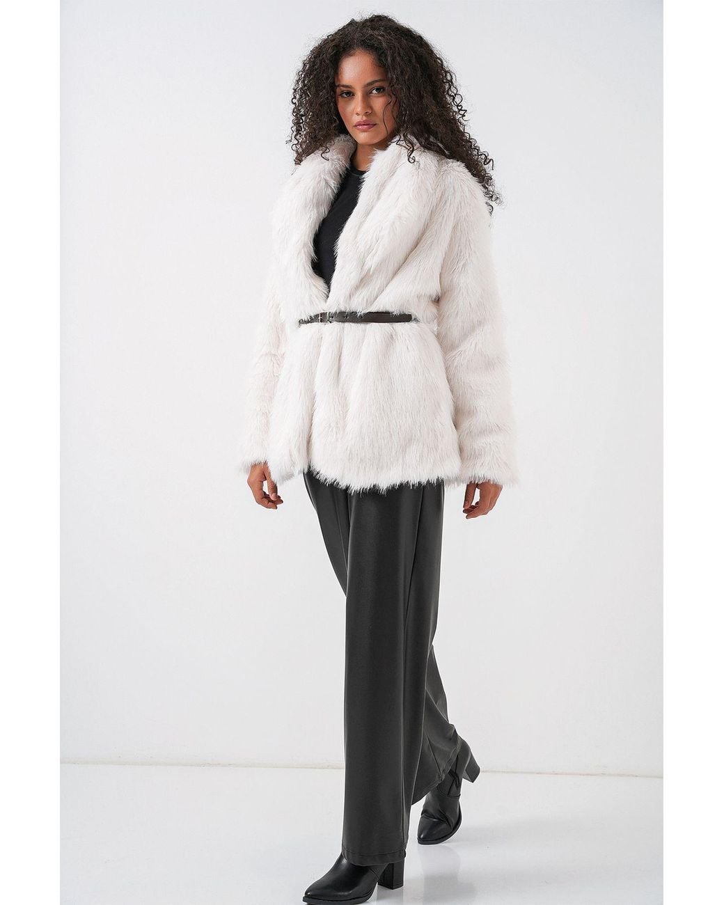 Bigdart Natural Long Oversized Faux Fur Coat With Belt