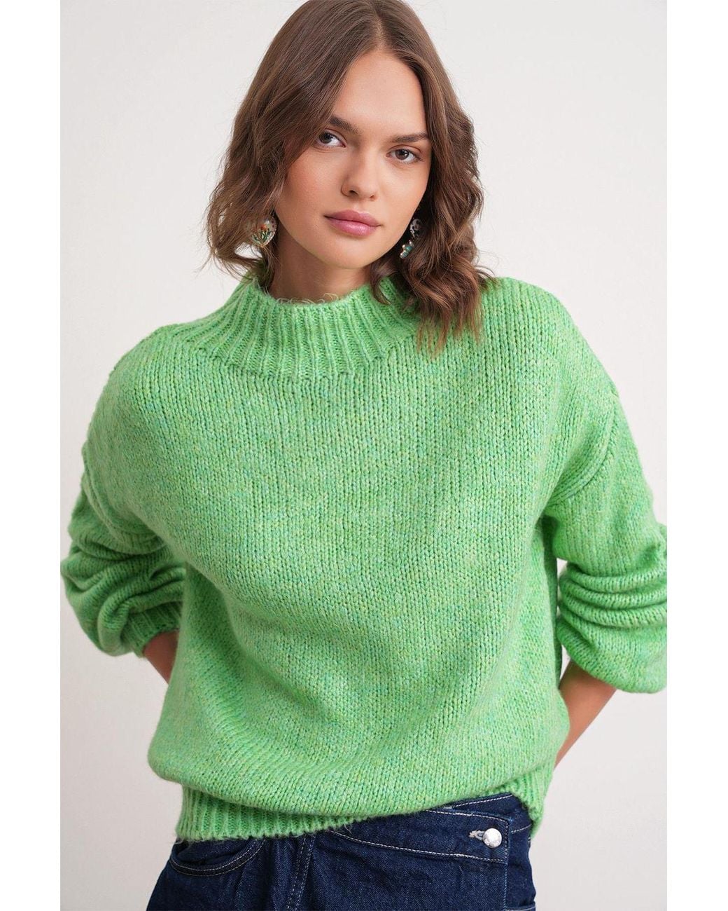 MixRay Green Relaxed Fit Crew Neck Thick Knit Sweater