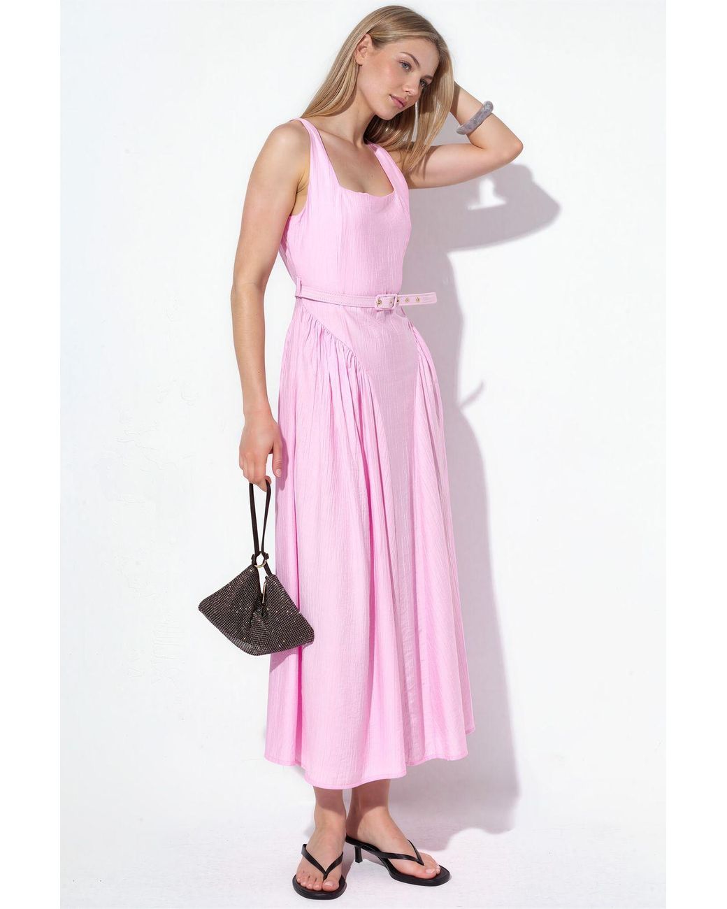 Busem Pink Square Collar Belted Midi Dress