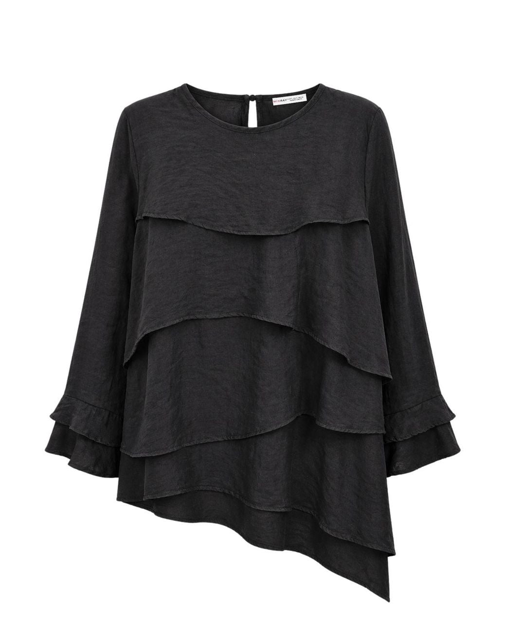 MixRay Black Frilly Long Sleeve Crew Neck Blouse