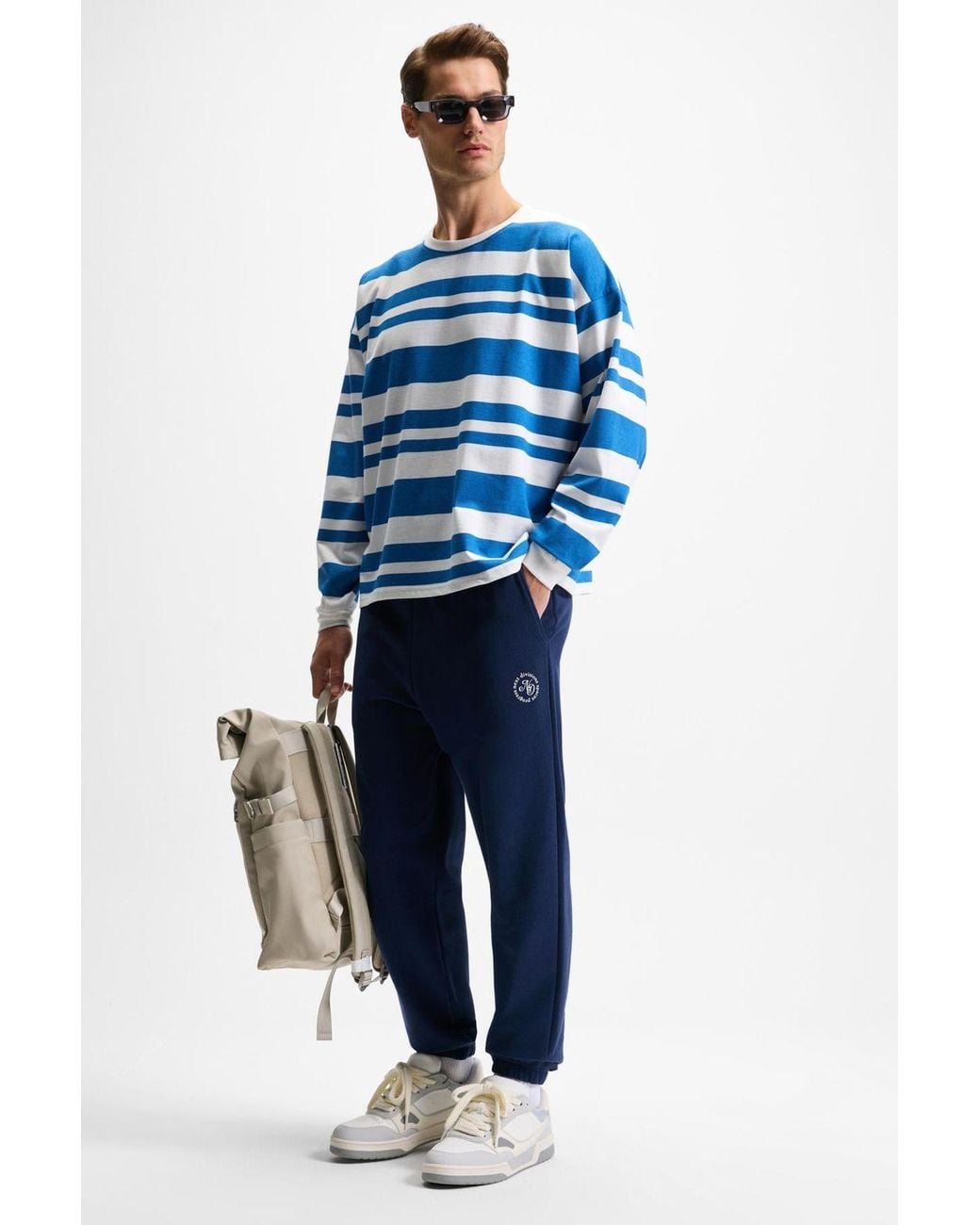 Grimelange Blue Elastic Waist Drawstring Joggers for men