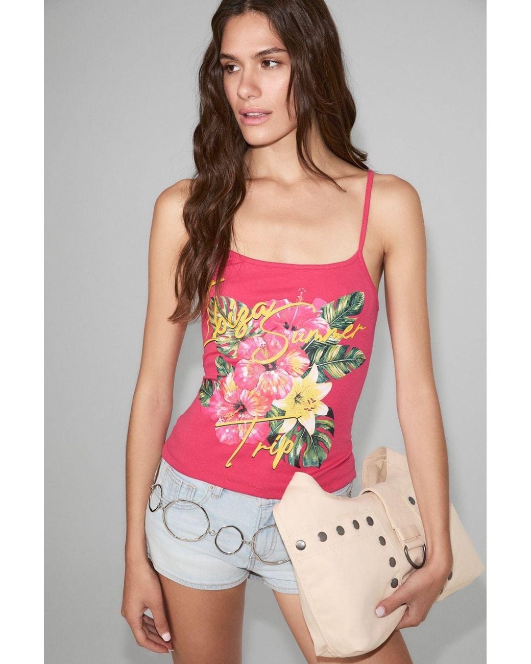 Grimelange Red Floral Square Neck Crop Cami
