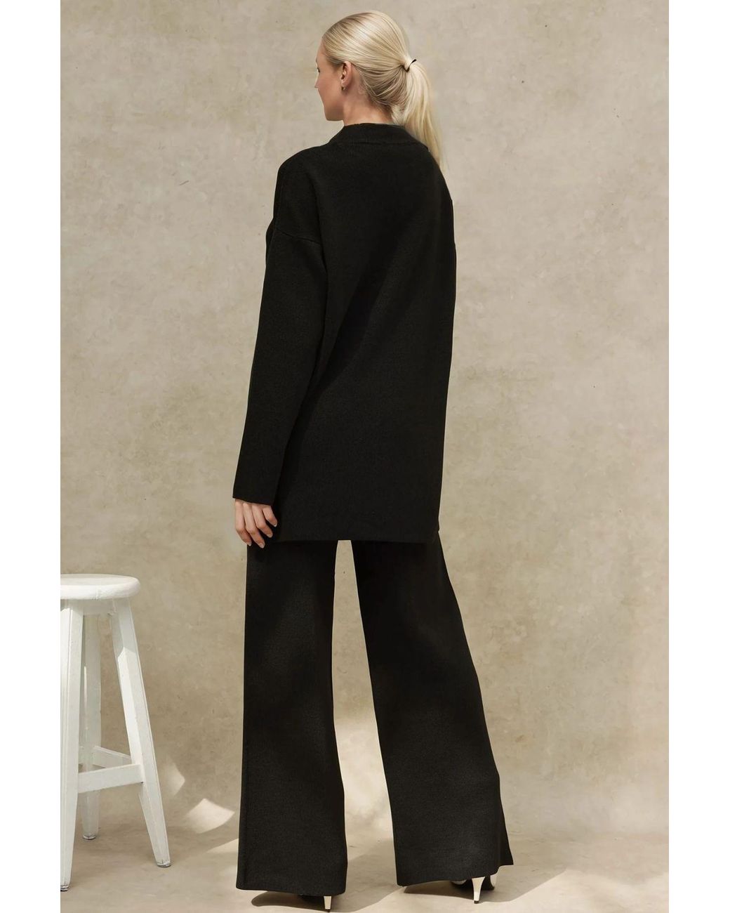 Hiccup Black Long Sweater & High Waist Wide Leg Knit Co-Ord Set