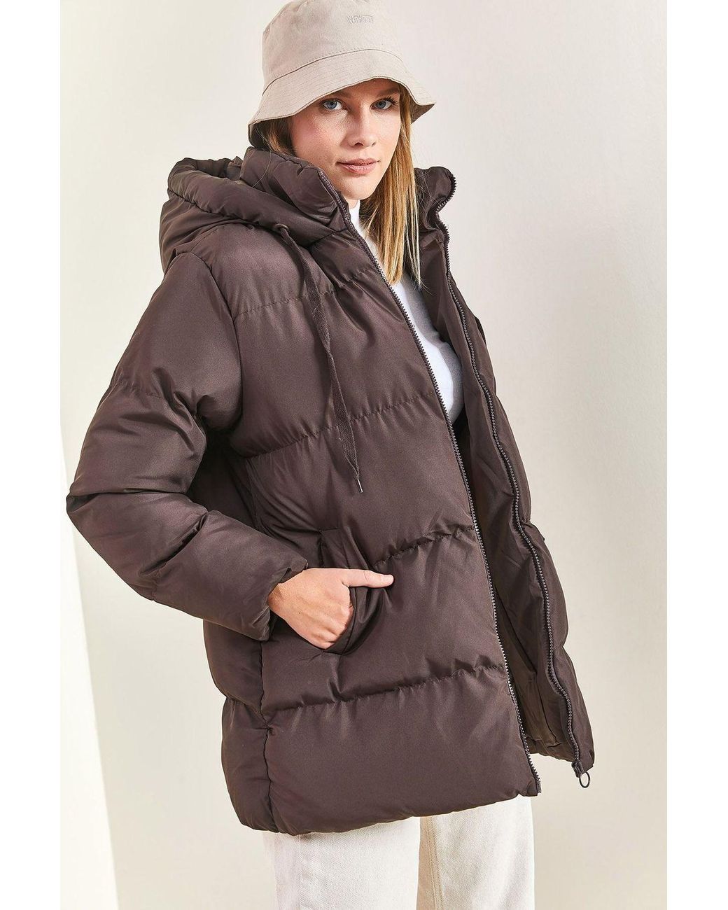 Bianco Lucci Brown Hooded Thick Puffer Down Coat