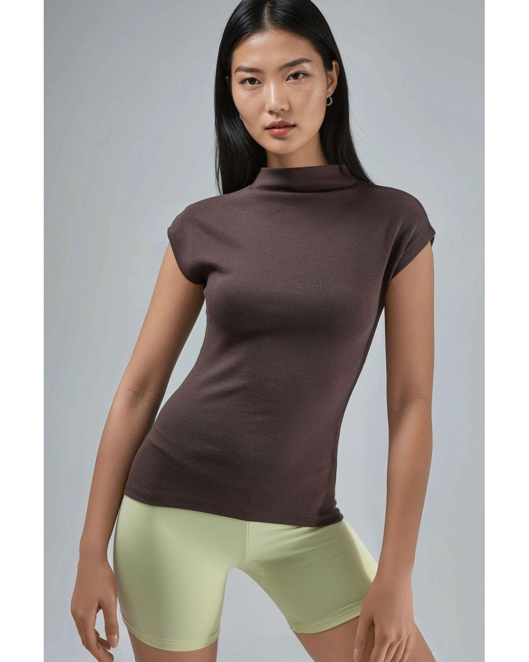 Busem Brown Fitted Mock Neck Cap Sleeve Knitted Blouse
