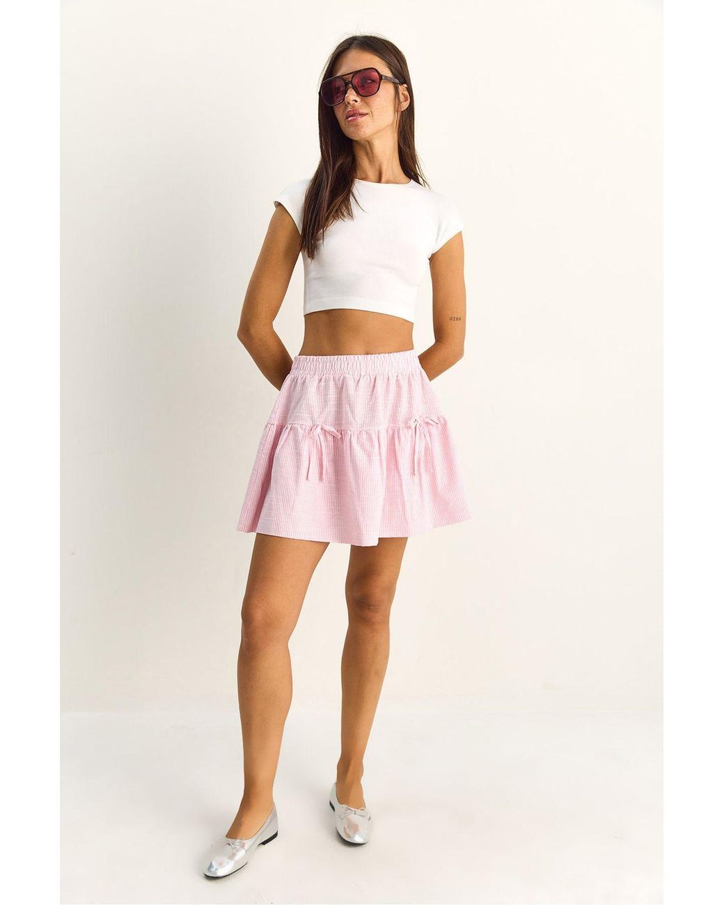 Bianco Lucci Pink High-Waist Striped Seersucker Mini Skirt